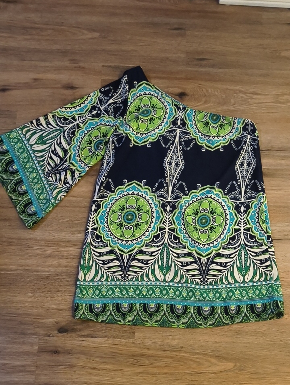One-Shoulder Green & Navy Printed Dress